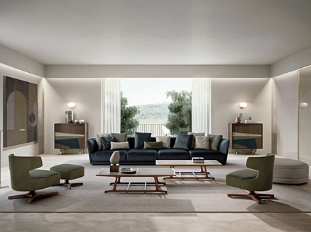 Tavolino Archè con struttura in legno massello e top in cuoio di Frigerio