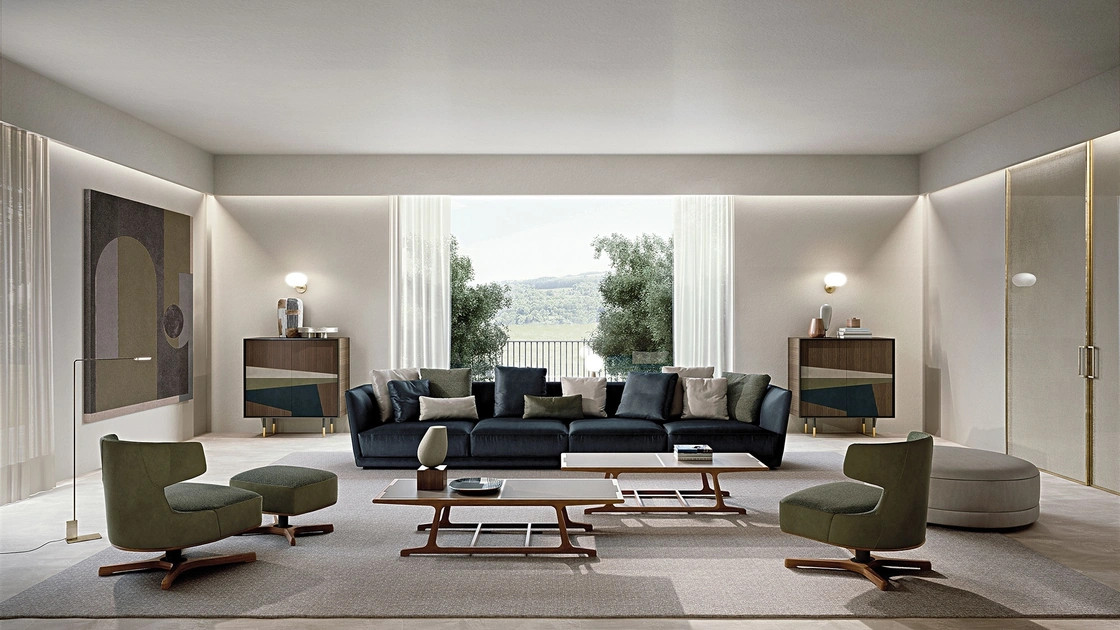 Tavolino Archè con struttura in legno massello e top in cuoio di Frigerio