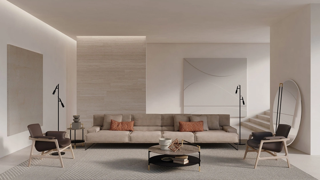 Tavolino Kevin con top in gres porcellanato effetto marmo, ripiano inferiore in vetro opaco retro-verniciato in colore nero e struttura  in metallo color nero sablé con dettagli in metallo color oro satinato di Frigerio