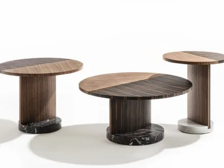 Tavolini tondi in tre diverse dimensioni in legno di noce e ebano con base in marmo Leaf di Porada