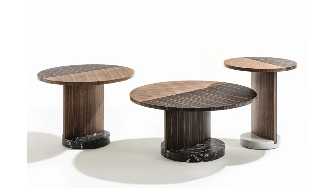 Tavolini tondi in tre diverse dimensioni in legno di noce e ebano con base in marmo Leaf di Porada