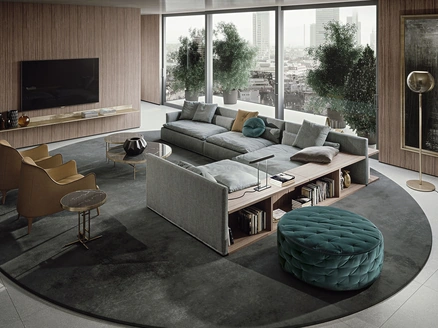 Pouf dalla forma tonda Miller in tessuto trapuntato di Frigerio