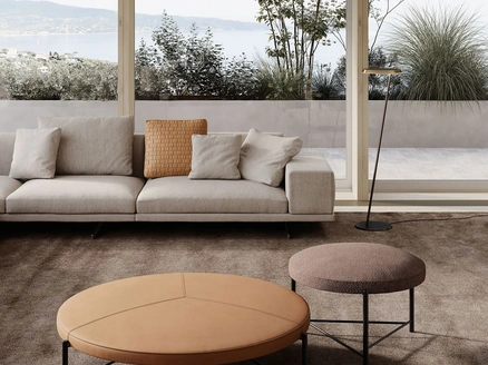 Pouf Santamonica rivestito in pelle o tessuto con struttura in metallo di Frigerio