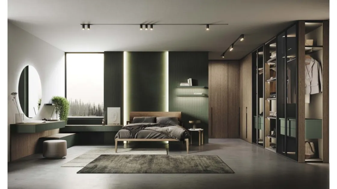 Armadio angolare ad ante battenti finitura Rovere e Vetro Fumé con traversi in alluminio Nero opaco Unlimited di Guzzini & Fontana