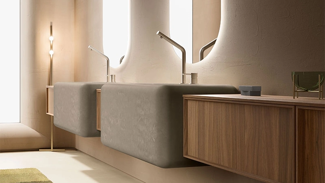 Mobile da Bagno Des Evolution Caramel 02 in Noce Canaletto con lavabi in resina di Cerasa