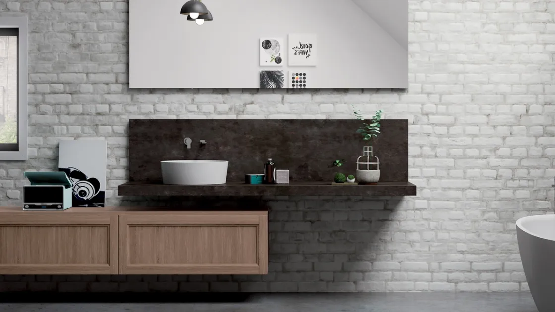 Mobile da Bagno sospeso Frame 2 in legno e pietra di Nova Cucina
