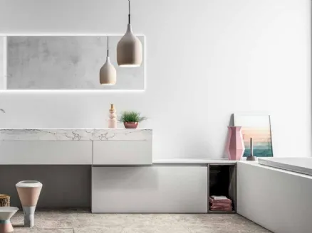 Mobile da Bagno a terra Smart 04 in laccato bianco opaco e laminato marmo di Nova Cucina