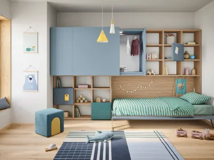 Cameretta in legno e laccato denim con letto a ribalta Kids space 29 di Nidi