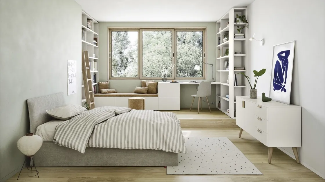 Cameretta in laccato opaco con 2 ampie librerie a muro Next space 01 di Nidi