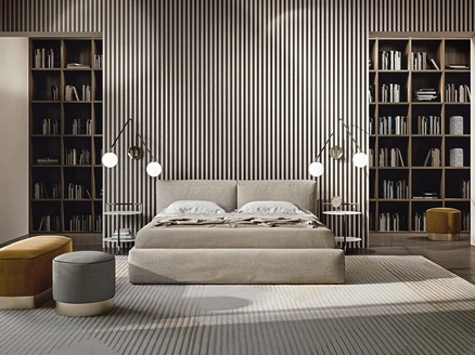 Letto in tessuto imbottito con testiera e box contenitore Cooper di Frigerio