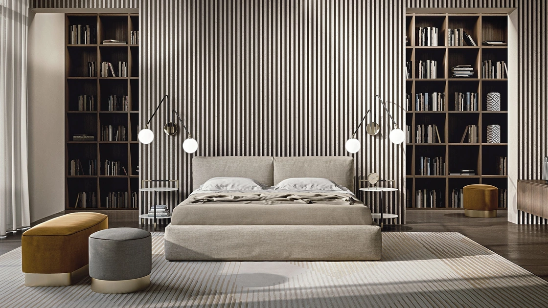 Letto in tessuto imbottito con testiera e box contenitore Cooper di Frigerio