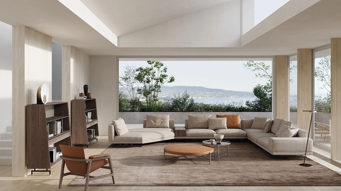 Libreria a muro in legno impiallacciato con schienale rivestito in tessuto e piedini in metallo Analog di Frigerio