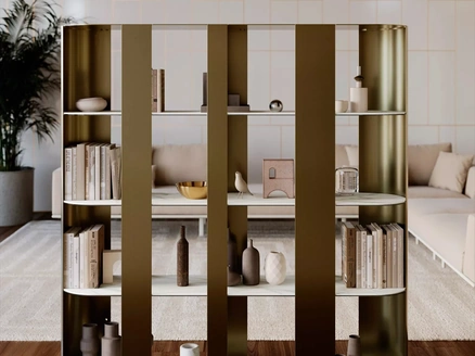 Libreria divisoria Helena in metallo laccato con ripiani in SuperMarmo di Bontempi
