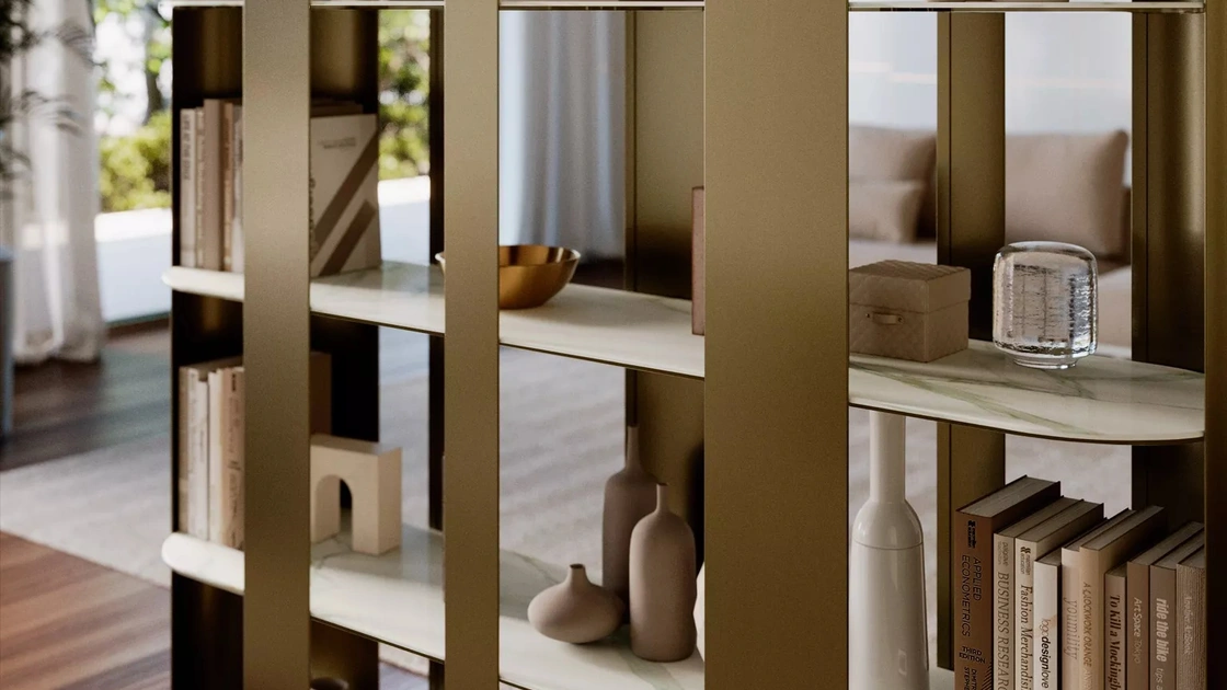 Libreria divisoria Helena in metallo laccato con ripiani in SuperMarmo di Bontempi