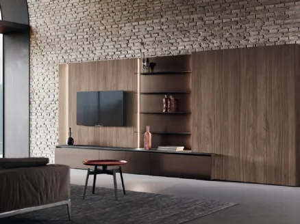 Parete Attrezzata in laccato finitura alluminio brunito e top in gres con spalla in bilaminato legno Noce Lab di Binova
