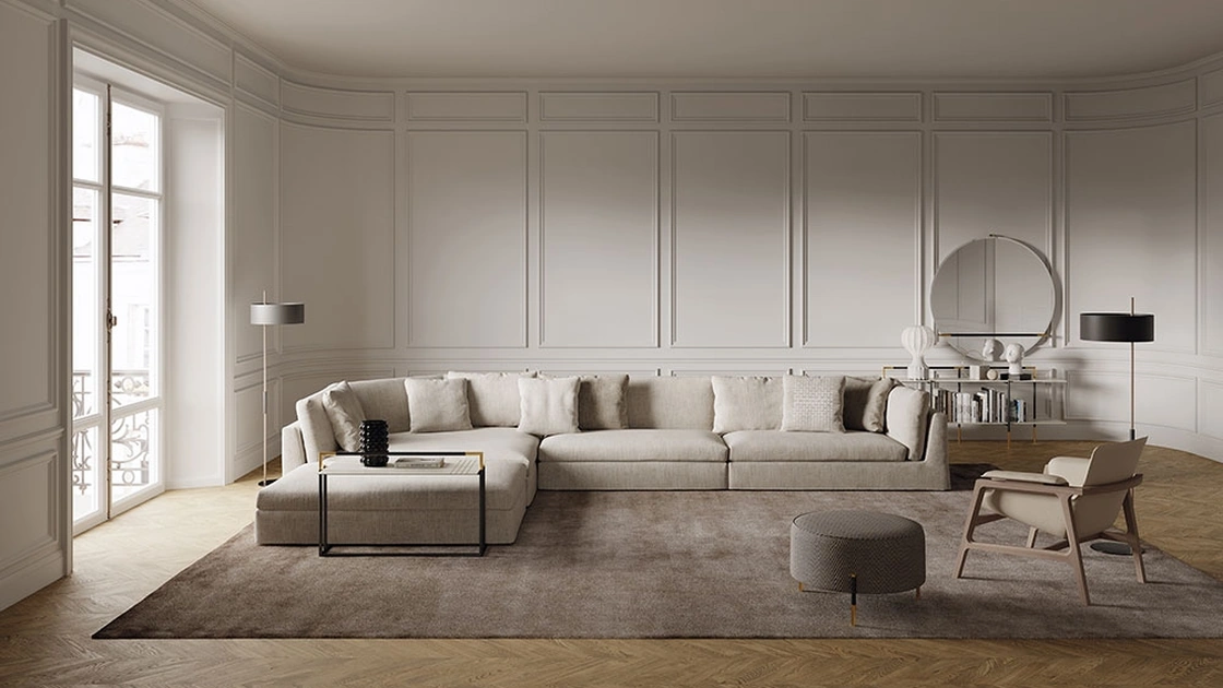 Divano modulare ad angolo con rivestimento in tessuto chiaro Arnè di Frigerio