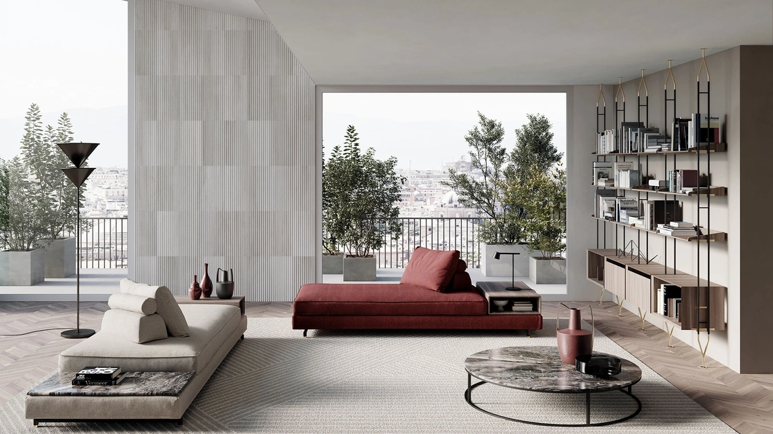 Divano lineare in tessuto imbottito Davis Pouf di Frigerio