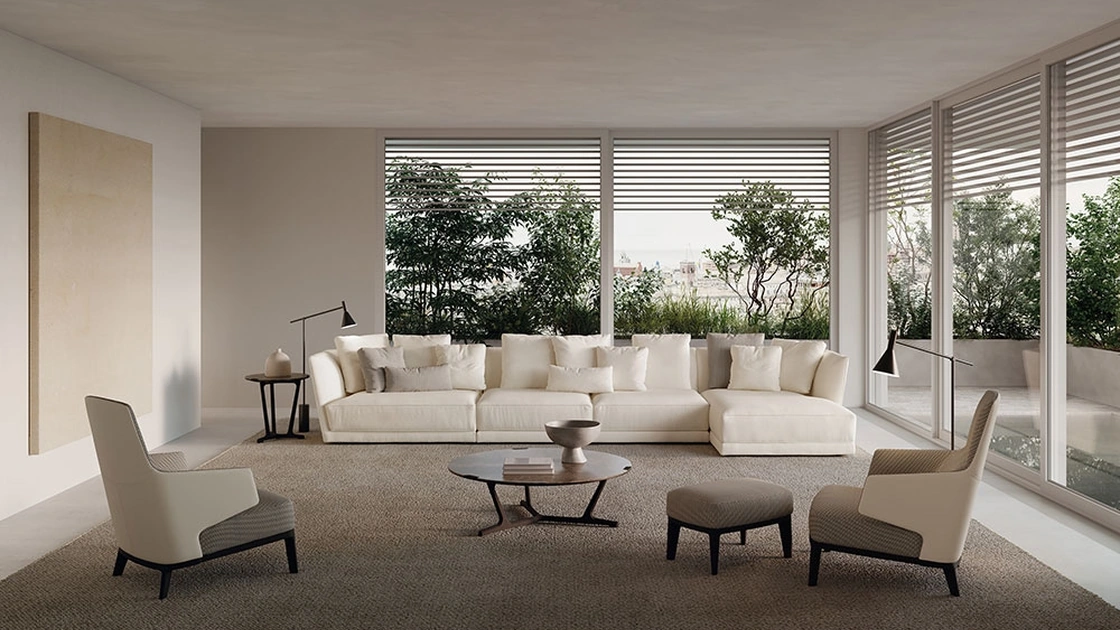 Divano confortevole con penisola in tessuto bianco Foster di Frigerio