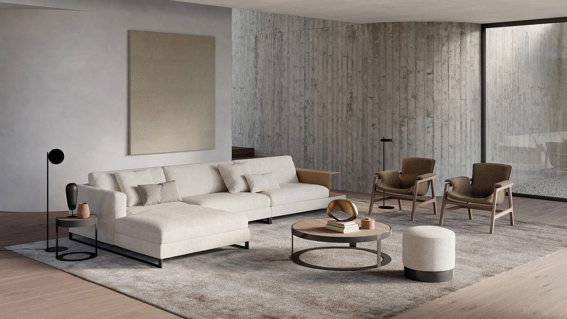 Divano in tessuto imbottito con penisola Davis Out di Frigerio