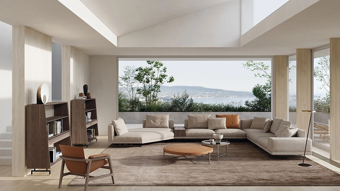 Divano modulare ad angolo in tessuto chiaro Horizon di Frigerio