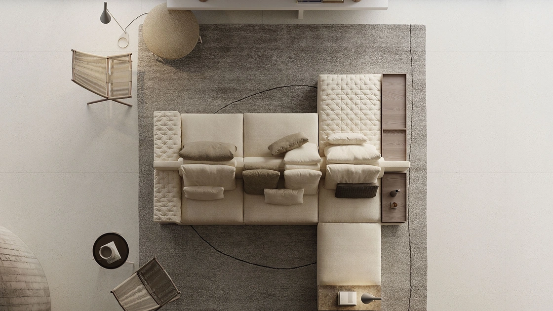 Divano bifacciale in tessuto imbottito con penisola Miller Double di Frigerio