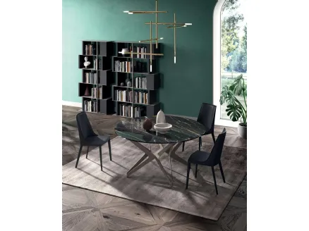 Tavolo Big Round Fisso in Cristallo Ceramica Noir Desir con base in metallo di Ozzio