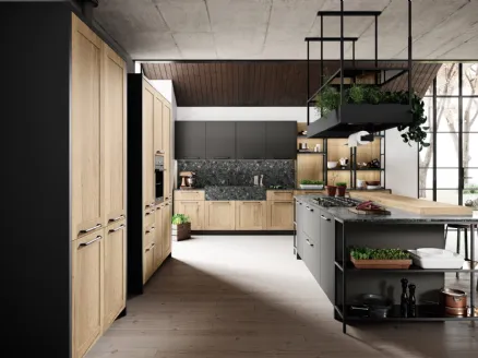 Cucina Classica con isola in laminato finitura legno rovere antico e laccato grigio opaco Medea di Miton
