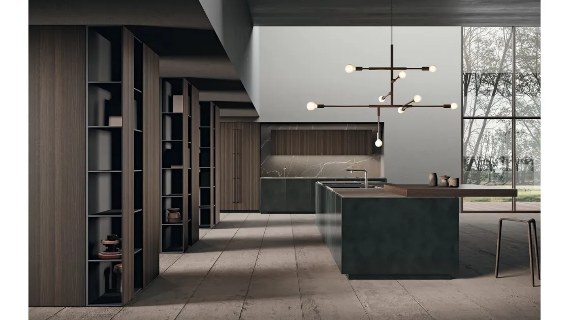 Cucina Design con isola in laccato effetto metallico e bilaminato effetto legno con top in gres Scava di Binova
