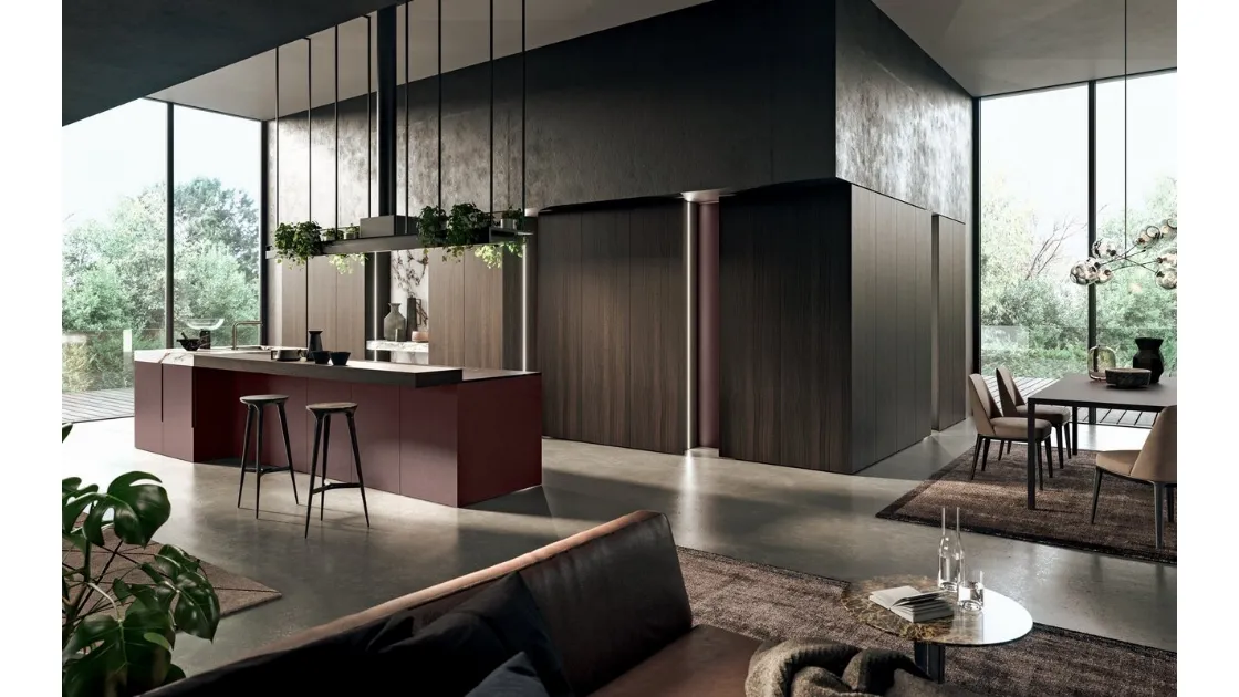 Cucina Design con isola in laccato metal Amaranto e legno con top in gres Vogue Metal 4|0 di Binova