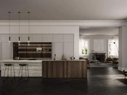 Cucina Design con isola Factory 03 in marmo Travertino e Rovere Gold di Key Cucine