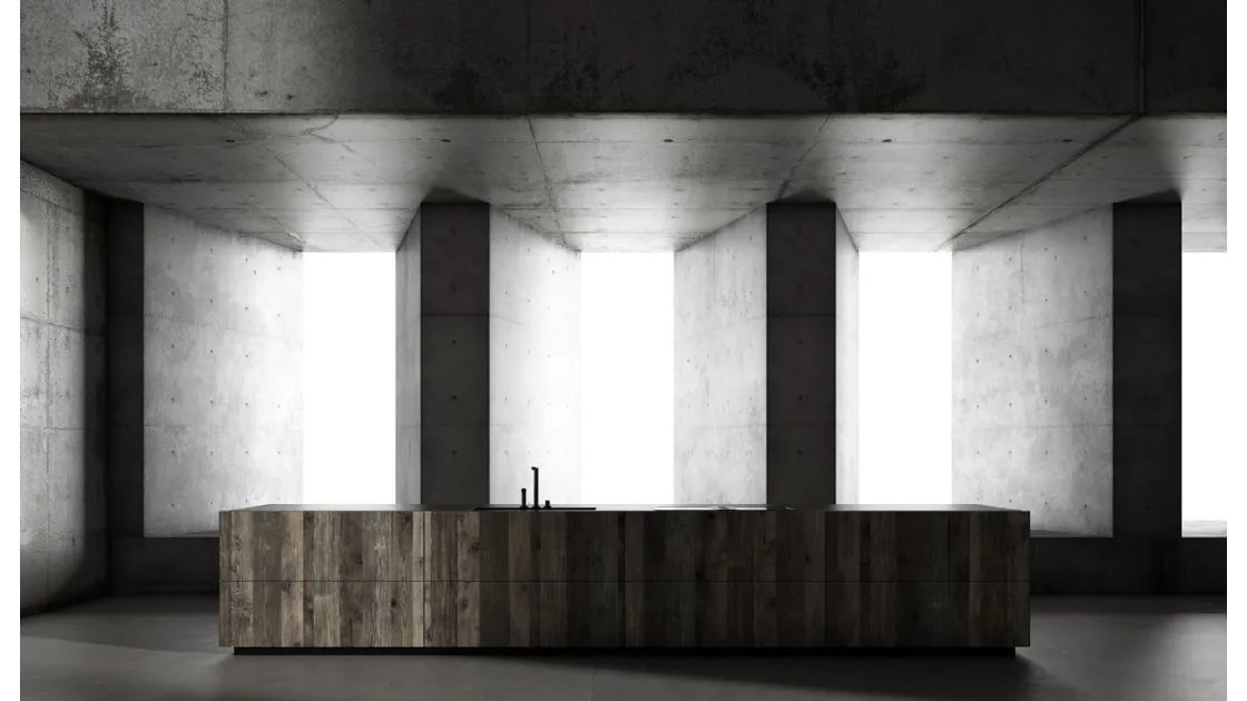 Cucina Design con isola Kyton Lab4|0 1 in rovere ossido e pietra gray di Nova Cucina