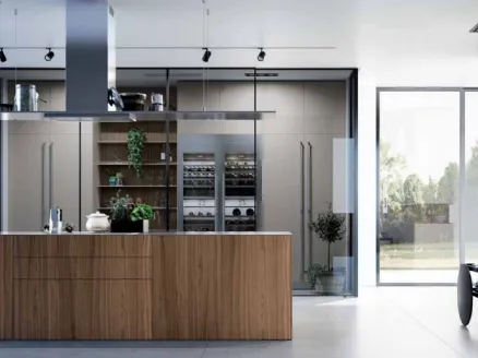 Cucina Design con isola MK1 01 in Noce Canaletto e Acciaio Inox di Nova Cucina