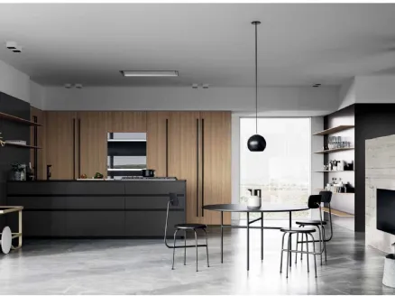 Cucina Design con penisola MK1 06 in Alluminio Ferro naturale, Rovere e top in Dekton nero di Nova Cucina