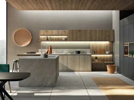 Cucina Moderna componibile in legno con isola Wave 01 di Fratelli Mirandola