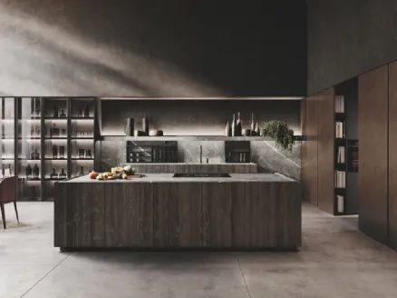 Cucina Design con isola in legno di Abete Nero e gres finitura marble grey e colonne in laccato metal Bluna Metal 4|0 di Binova