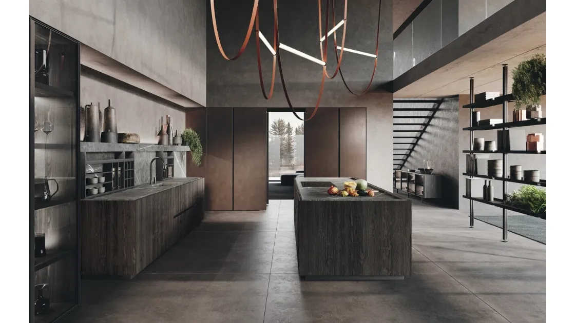 Cucina Design con isola in legno di Abete Nero e gres finitura marble grey e colonne in laccato metal Bluna Metal di Binova