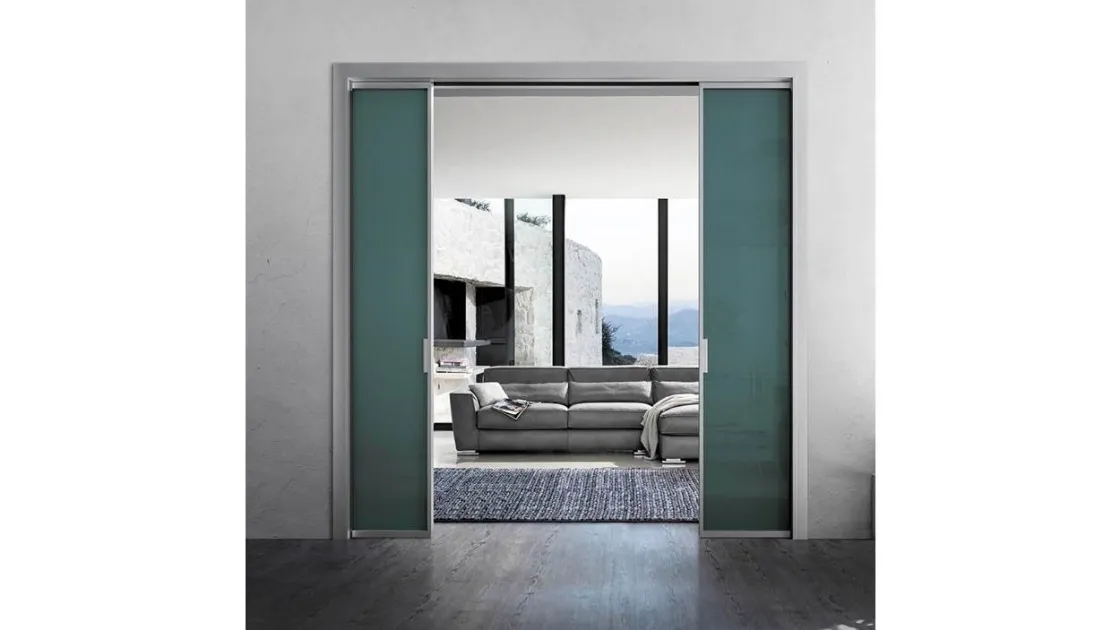 Porta per interni scorrevol in vetro colorato con telaio in alluminio Zeus a Scomparsa di Doal